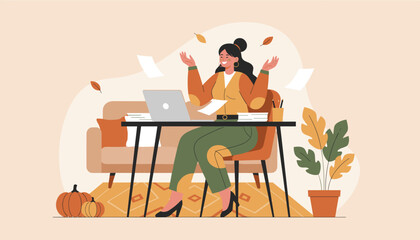 Successful woman celebrating task completion while working from her cozy autumnal home office environment