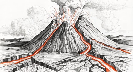 Erupting Volcano with Lava Flows and Smoke in Artistic Sketch Style