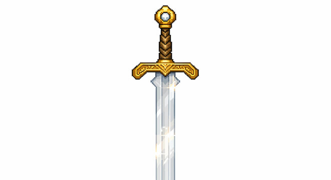 Ornate golden hilt sword with a shining silver blade against a white background.