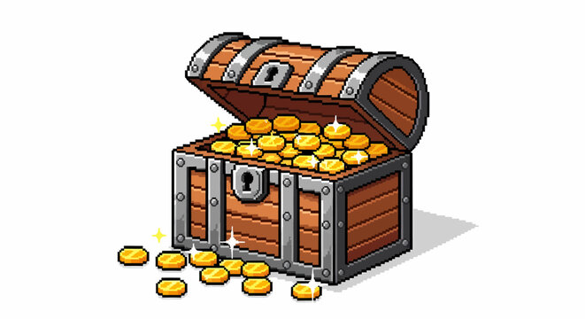 A pixel art illustration of an open wooden treasure chest overflowing with shiny gold coins, with some coins scattered around its base.