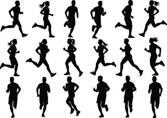 Running silhouettes of men and women, jogging exercise concept, marathon training, fitness lifestyle, outdoor workout, athlete movement illustration