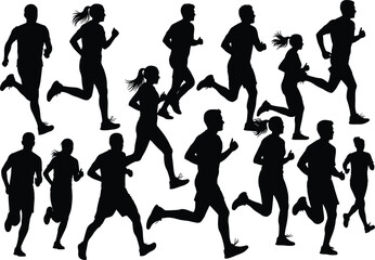 Running silhouettes, joggers, athletes vector art, running people illustration, sports design, fitness icons, exercise figures, runners silhouettes, active lifestyle vector, training set.