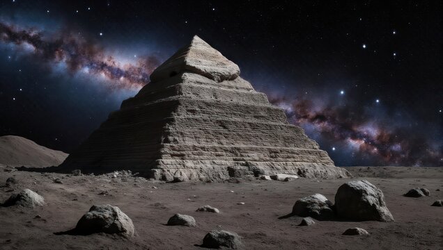 Ancient Pyramid on Alien Planet Under Starry Night Sky.
