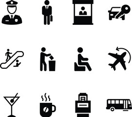 Airport and travel service icon set, includes security, check-in, car rental, lounge, airplane, coffee, escalator, bus, and bar symbols