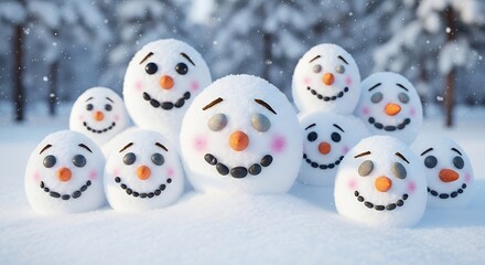 Group of Smiling Snowmen in Snowy Winter Landscape with Snowfall and Trees