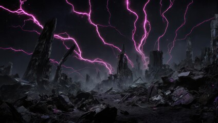 Apocalyptic landscape with vibrant pink lightning striking ruined city structures at night.