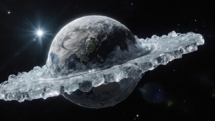 An icy planet with rings of ice in deep space with a distant star.
