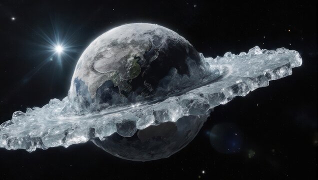 An icy planet with rings of ice in deep space with a distant star.