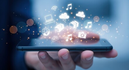 Hand Holding Smartphone Displaying Digital Icons and Bokeh Lights on Blue Gradient Background