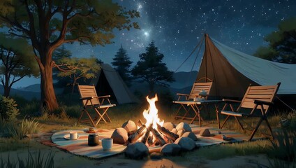 This high quality 4K seamless looping virtual video animation presents a serene nature scene at night with camping and a bonfire rendered in the distinctive style of a watercolor painting anime