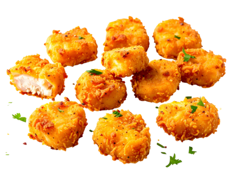 Crispy fried chicken bites with herbs on a black background