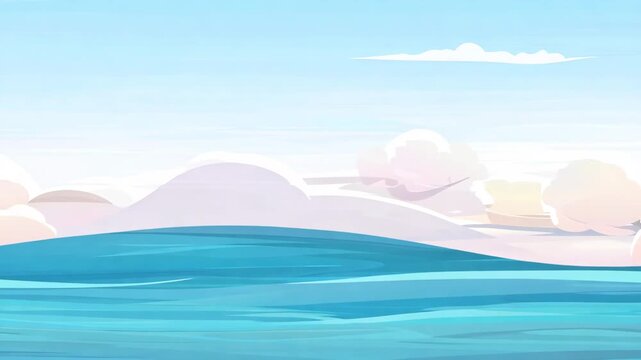 Vibrant blue water, serene sky, rolling hills, and soft clouds