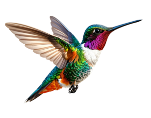 Jewel-toned hummingbird with iridescent feathers in mid-flight