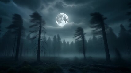 Eerie moonlit forest at night with silhouetted trees and mist swirling under a full moon, creating a mystical and atmospheric scene - Powered by Adobe