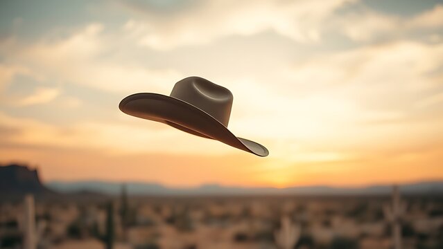 cowboy. A cowboy hat spinning mid-air against a vast desert sky at sunset. inspiring travel planning, lifestyle magazines, designed for lifestyle magazines and social media content.