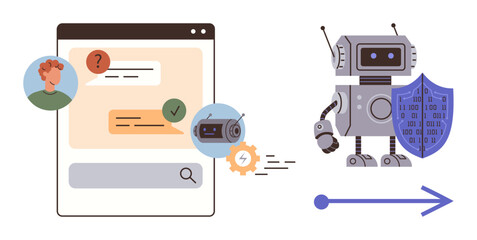 Chat interface exchanging messages with a user and AI robot with shield symbolizing cybersecurity. Ideal for AI, messaging, automation, security, robots, digital interaction, innovation themes. Clean