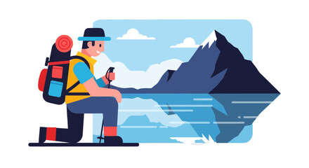 Fototapeta premium Cartoon Adventurer Contemplating Majestic Mountain Scenery Near a Lake For Illustration