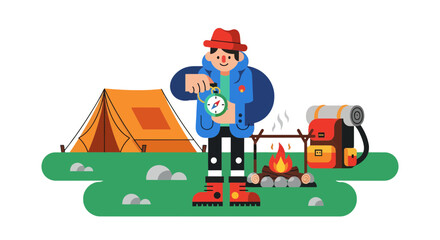 Obraz premium Cartoon Adventurer On a Camping Trip Navigating With a Compass in the Wilderness