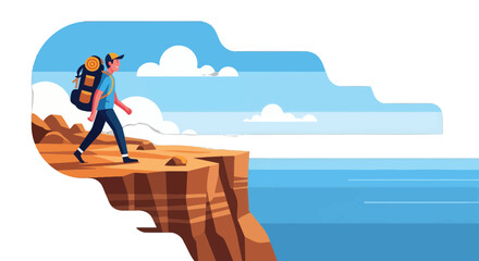 Cartoon Traveler in Silhouette Walking on a Cliffside Path Overlooking the Ocean