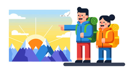 Naklejka premium Cartoon Adventurers Exploring Nature's Majestic Beauty: Illustrative Mountain Hike Scene