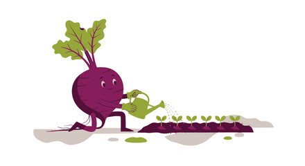 Cartoon Beetroot Nurturing Seedlings With Water, Depicting Growth And Agriculture