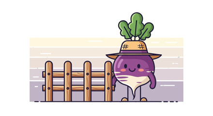 Charming Animated Turnip Character and Wooden Fence in Garden-Themed Illustration Design