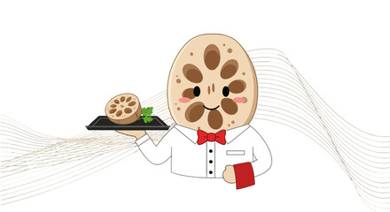 Charming Lotus Root Character Offering Gourmet Food On A Stylish Black Background