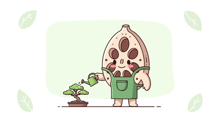 Charming Lotus Seed Pod Character Caring For Miniature Bonsai Tree With Love