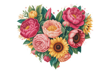 Heart Floral Bouquet with Sunflowers & Pink Peonies | 8K Ultra HD Valentine PNG Illustration