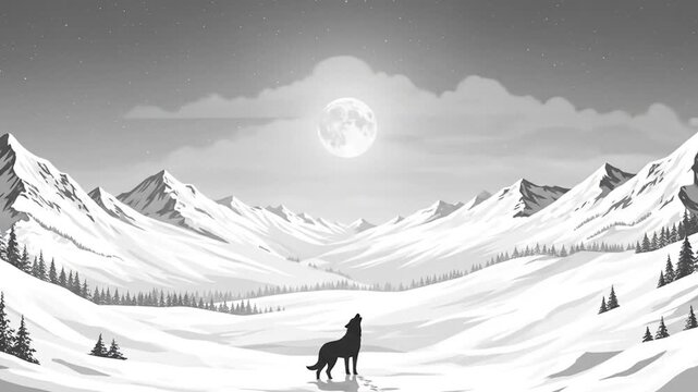 A Lone Wolf Howling at the Moon in a Snowy Mountain Range Animated Landscape