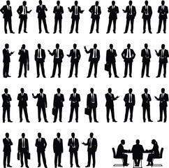 Silhouette of businessmen in formal suits discussing, presenting, negotiating, and working in office teamwork concept on white background