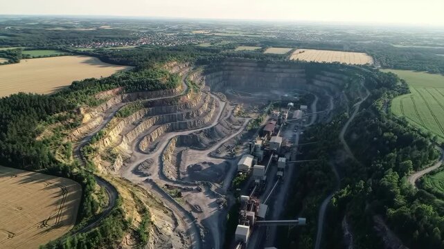 An aerial shot showcases a large open pit quarry, exposing gray rocks and industrial equipment, bordered by fields and a forest under a sunny, clear blue sky.