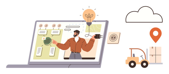 Fototapeta premium Man explaining logistics plan on laptop screen with charts, light bulb idea, cloud, and forklift. Ideal for logistics, supply chain, online training, brainstorming, innovation technology planning