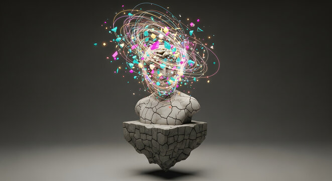 Cracked Classical Bust with Exploding Geometric and Colorful Shapes