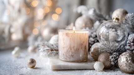 White Candle with Frosted Decor on a Soft Winter Background  " ai generator "