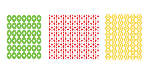 Collection of Three Seamless Geometric Patterns: Green Rings, Red Diamonds, and Yellow Oval Shapes on White Background