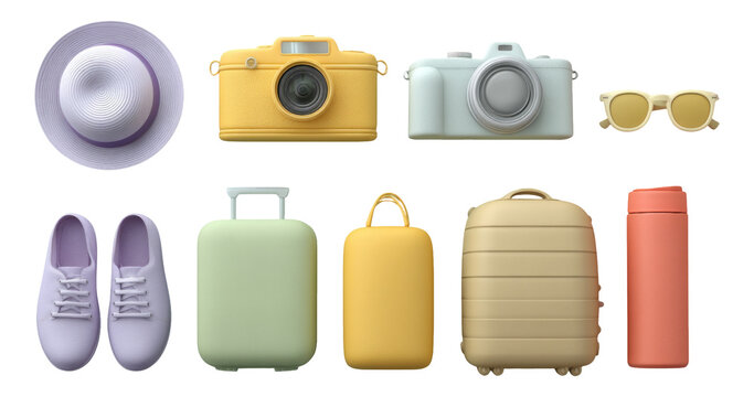 Bright and Colorful Travel Accessories and Equipment on Transparent Background