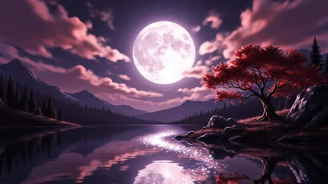  vibrant, stylized landscape scene featuring a large, glowing full moon dominating the upper center of the frame. The sky is filled with voluminous, soft clouds tinged with shades of pink and red
