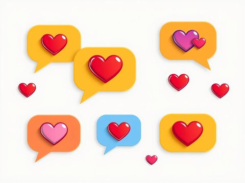 Set of heart icons in speech bubbles, love social media notification vector graphic,  social,  design