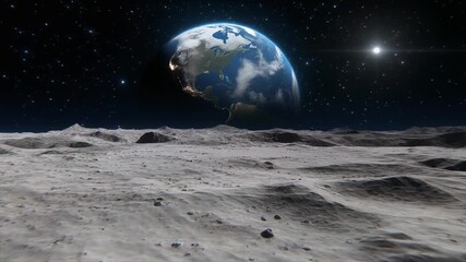 Earth from the moon's surface perspective against the backdrop of a starlit cosmos