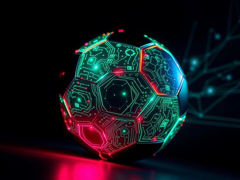 Futuristic soccer ball with glowing circuits on a dark background,  graphic,  design