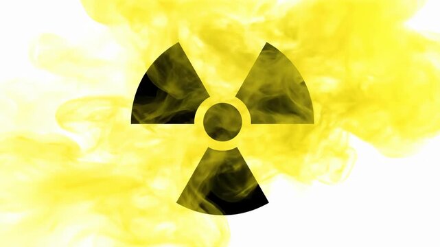A black radiation symbol centered on a white background conveys nuclear energy and caution, with a subtle yellow haze at the bottom left adding unseen danger.