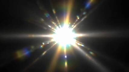 A brilliant burst of white light emits radiant rays and prismatic lens flares, creating a dynamic and energetic visual effect against a stark black backdrop. - Powered by Adobe