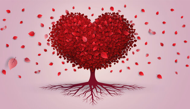 Vibrant red tree shaped like heart stands prominently against soft pink background, surrounded by falling leaves, creating romantic and whimsical atmosphere