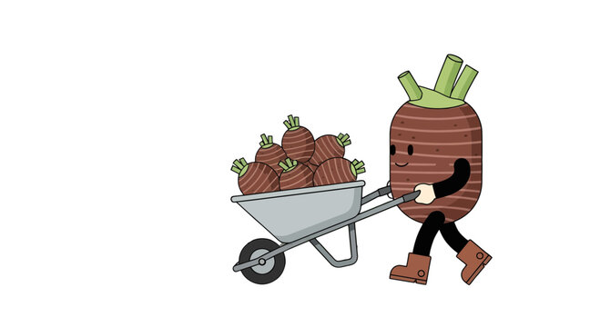 Cheerful Vegetable Character Pushing Wheelbarrow Loaded With Harvested Produce