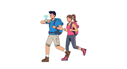 Obraz premium Couple Hiking Together Tracking Route Via Smartwatch in the Wilderness Scenario