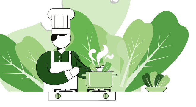 Chef Prepares Fresh Vegetables In A Pot With Green Background For Healthy Cooking - Powered by Adobe
