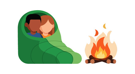 Cozy Camping Adventure: Couple Enjoying Campfire Under the Moonlight With Green Sleeping Bag