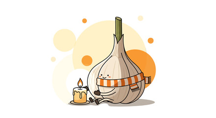 Cozy Garlic Character with a Scarf and a Candle Creating a Warm Ambiance