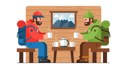 Cozy Cabin Scene: Friends Enjoying Coffee After a Mountain Trek Adventure Together